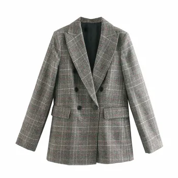 

2020 new spring and autumn checked women's blazer Casual double-breasted long-sleeved jacket office small suit feminine