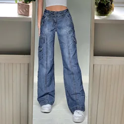 Y2k 2021 inverno outono bolso cordão sólido azul cintura alta design clássico perna larga calças de alargamento para calças jeans das mulheres solto menina