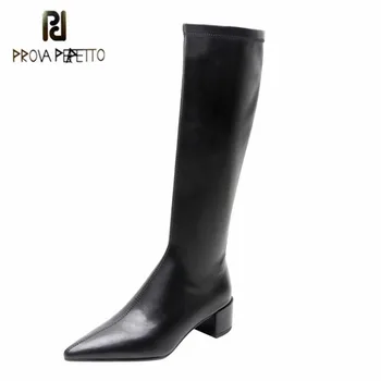 

Prova Perfetto Nwe Style Women Boots Pointed Toe Chunky Heel Genuine Leather Zipper-Sid Plush Party White Black Knee Boots Rome