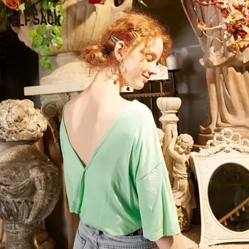 

ELFSACK Candy Color Solid Backless Casual Women T-Shirt 2020 Summer ELF Pure Drop Shlouder Sleeve Korean Ladies Daily Basic Tops