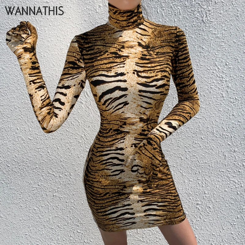 

WannaThis Tiger Print Long Sleeve With Gloves Turtleneck Women Sexy Party Club Dress Removable Gloves Bodycon Skinny Mini Dress