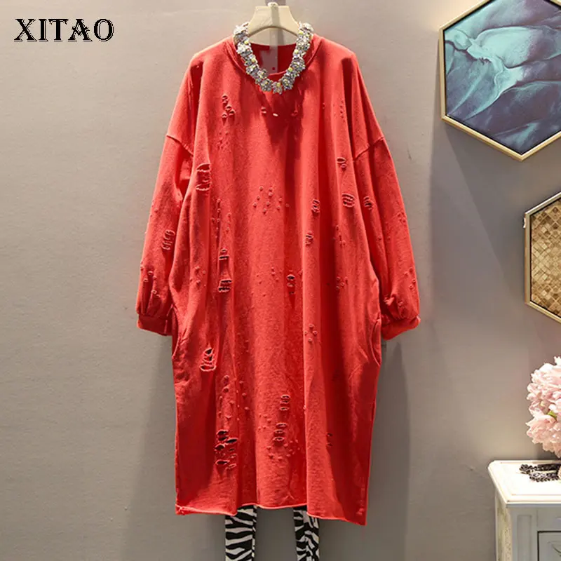 red GCC2273 Женское платье XITAO с дырками черного и красного цвета, корейская мода, новинка, Осенний прямой пуловер, элегантное платье с круглым вырезом, стиль миноритарного стиля, GCC2273 - Цвет: red GCC2273