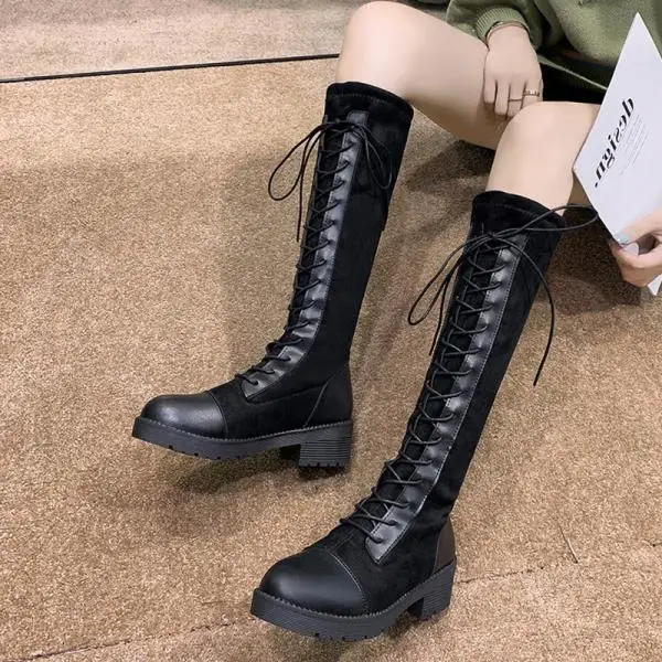 Bootee/ г.; Брендовая женская обувь; резиновые сапоги; пикантные ботфорты на массивном каблуке; пикантные женские ботинки со шнуровкой и круглым носком - Цвет: 1