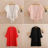 Long Chiffon Blouse Cardigan Summer 2020 Woman V Neck Tie Waist Blouse Shirt Black Ruffle Sleeve Top Lace Beach Blouse Cover Up 1