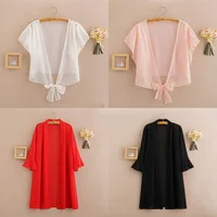 Long Chiffon Blouse Cardigan Summer 2020 Woman V Neck Tie Waist Blouse Shirt Black Ruffle Sleeve Top Lace Beach Blouse Cover Up 1