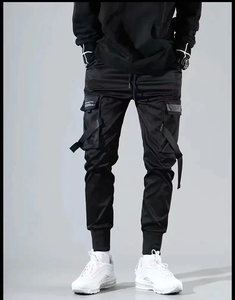 2022 Streetwear Men Ribbons Pants Homme Black Pockets Man Cargo Pants Harem Joggers Harajuku Sweatpant Hip Hop Trousers elephant trousers