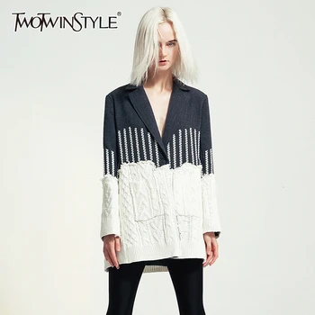 

TWOTWINSTYLE Patchwork Hit Color Women's Coats Notched Long Sleeve Pocket Knitted Female Coat 2020 Autumn Winter Fashion New