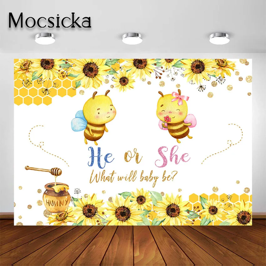

Mocsicka Bee Gender Reveal Party Backdrop Sunflower He or She What Will Baby Bee Couples Bumble Gender Reveal Photo Background