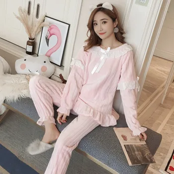 

Thick Warm Flannel Princess Pajama Sets for Women Winter Long Sleeve Sleepwear Pyjama Coral Velvet Homewear Pijama Mujer Clothes