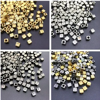 

100pcs 6mm Gold/Silver/Black Acrylic Spacer Beads Letter Beads Square Alphabet Beads For Jewelry Making DIY Handmade Accessories