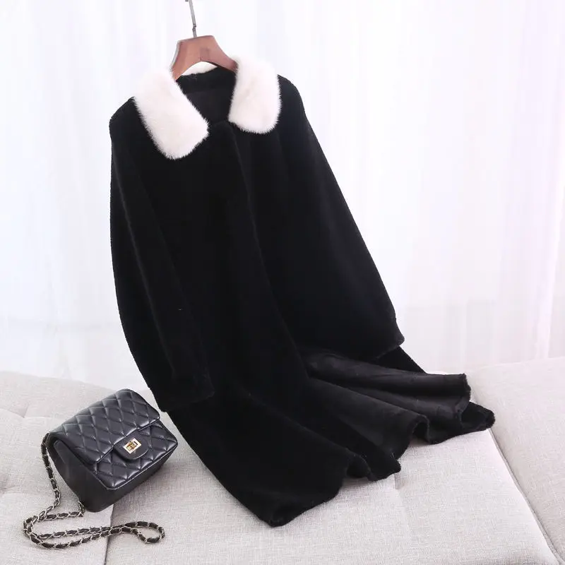 

high winter woman 2020 quality sheep shearing coat 100% real wool mink collar long fur coat female