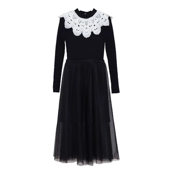 

Women's Lace Mesh Patchwork Knitted Dress Pleated Beads Long-Sleeved O-neck Sweet Female Autumn Winter Dresses