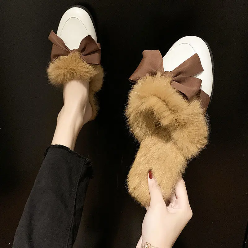 

Flat Shoes Female Ladies' Slippers Luxury Slides Butterfly-knot Fur Flip Flops Loafers Mules For Women 2019 Low Cover Toe