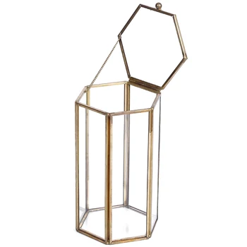 

Pure Copper Gold European Six-Sided Clamshell Geometric Glass Flower Room Glass Makeup Brush Dressing Table Storage Box