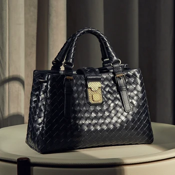 

Women's Shoulder Bag 100% Authentic Leather Sheepskin Luxury Brand Rome Bag Large Capacity Tote Fashion Hand Woven 2020 New Hot