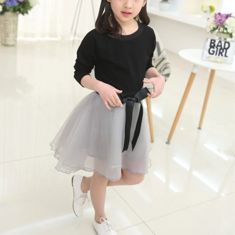 Sodawn/осенне-весенний комплект с платьем для маленьких девочек, черный топ с рукавами+ серая мини-юбка с милым бантом, модное платье