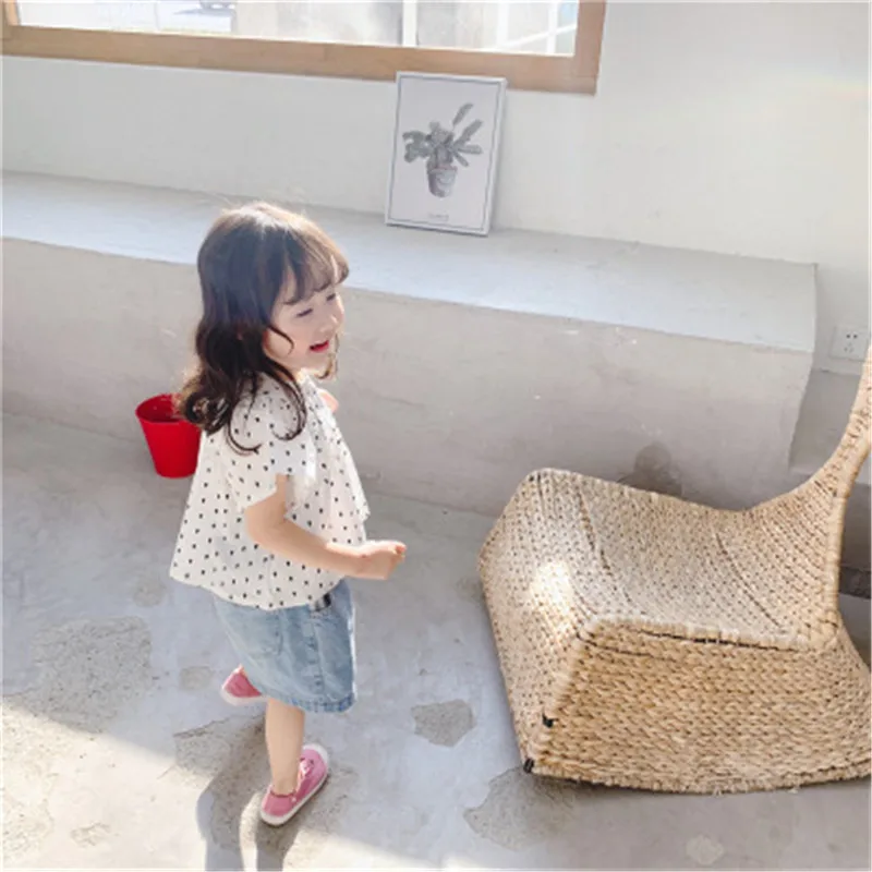 new girls shirt pring kids basic shirt short sleeve polka dot mesh lace blouse fashion girls tops 1-10y A3852