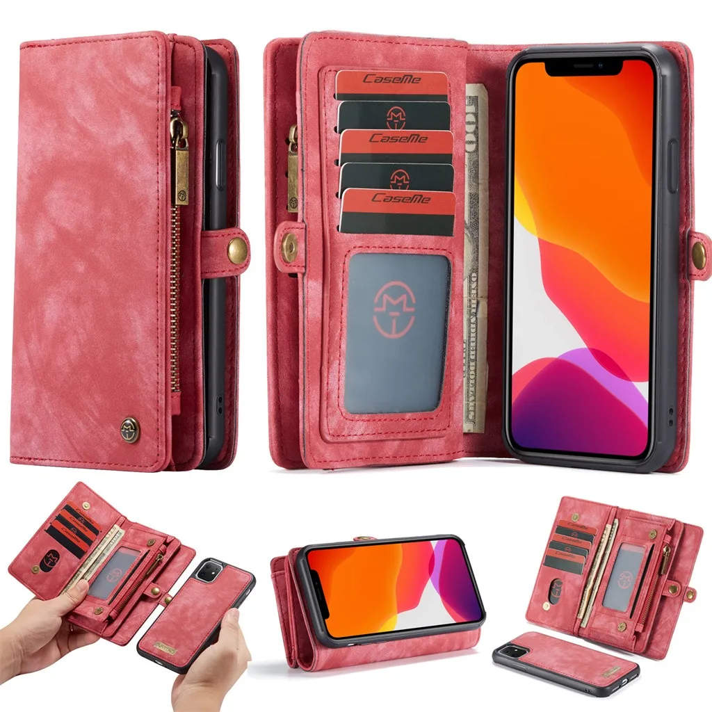 

CARPRIE case for iphone 11 case for iphone 11 pro max 6 6s 8 plus 5 inch 2-in-1 Slots Wallet Zip genuine split Leather Case