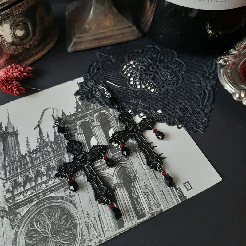 Gothic Black Cross Garnet and Crystal Chandelier Earrings Large Statement Trad Goth Witchy Jewelry Fashion Women Gift Medieval