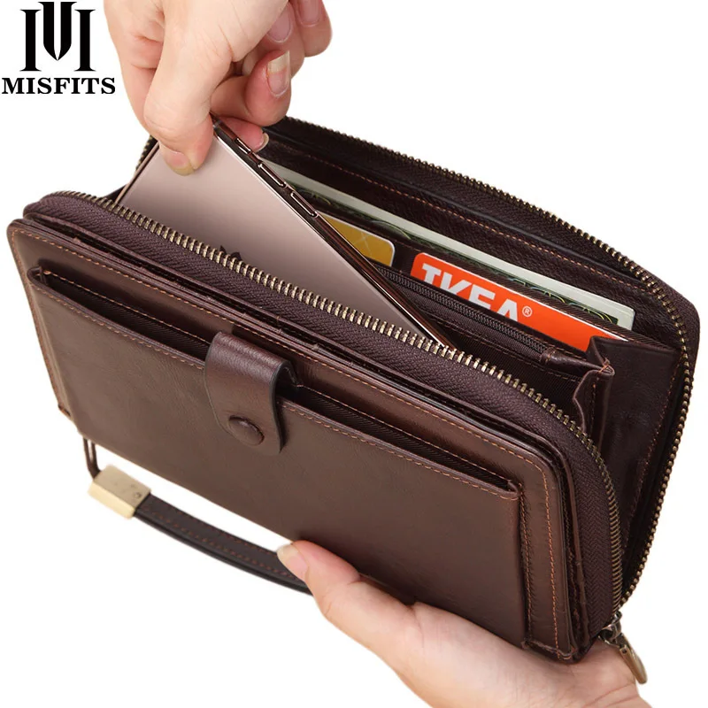 MISFITS-cartera de mano de piel auténtica para hombre, billetera larga, tarjetero de piel de vaca, con broche Vintage, 2020