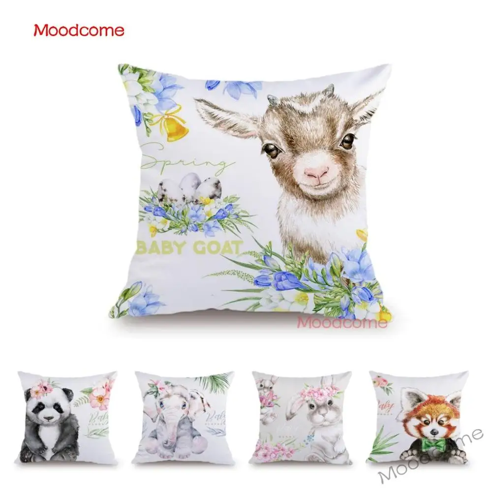 

Lovely Cute Soft Velvet Baby Animals Panda Bunny Goat Children Room Decoration Sofa Throw Pillow Case White Floral Cushion Cover