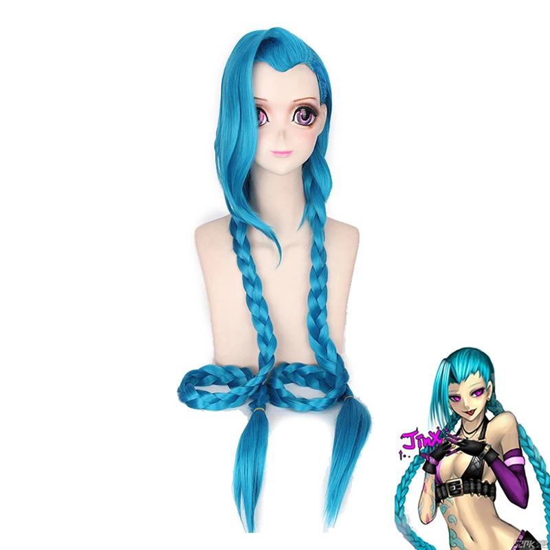 

Cosplay Lol Jinx 120cm Long Blue With Double Braids Halloween Anime Costume Wig Heat Resistant Synthetic Hair