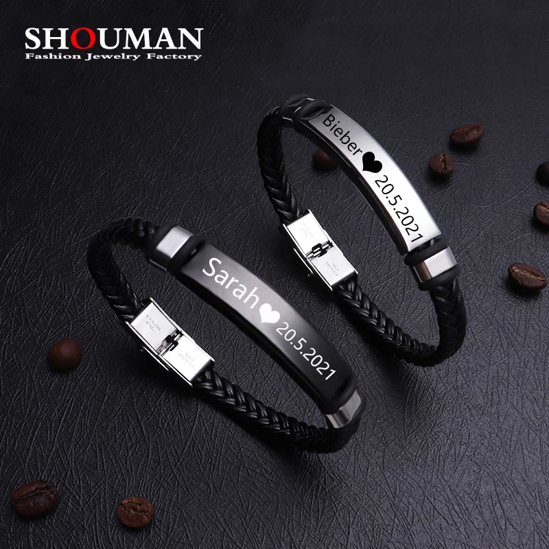 

SHOUMAN Personalized Leather Bracelet Engrave Name Date Logo Black Braid Woven Stainless Steel Men Bangle Women Jewelry Gift