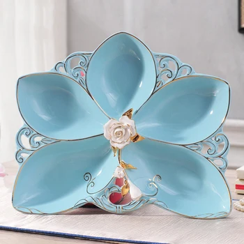 

European Ceramic Gold Blue Fruit Plate Dried Fruit Pot Creative Fashion Candy Dish Ornaments Home Livingroom Decorations Crafts