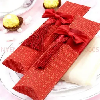 

300Pcs Red/Beige Pillow shape Holder Wedding Candy Box Gift Favour,Personalized wedding gifts box packing for guests souvenirs