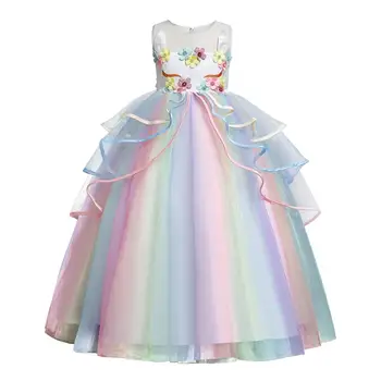 

Rainbow Unicorn Cosplay Girl Dress Party Elegant Flower Lace Long Tutu Formal Ball Gown Princess Baby Dresses 5 7 8 12 14 Years