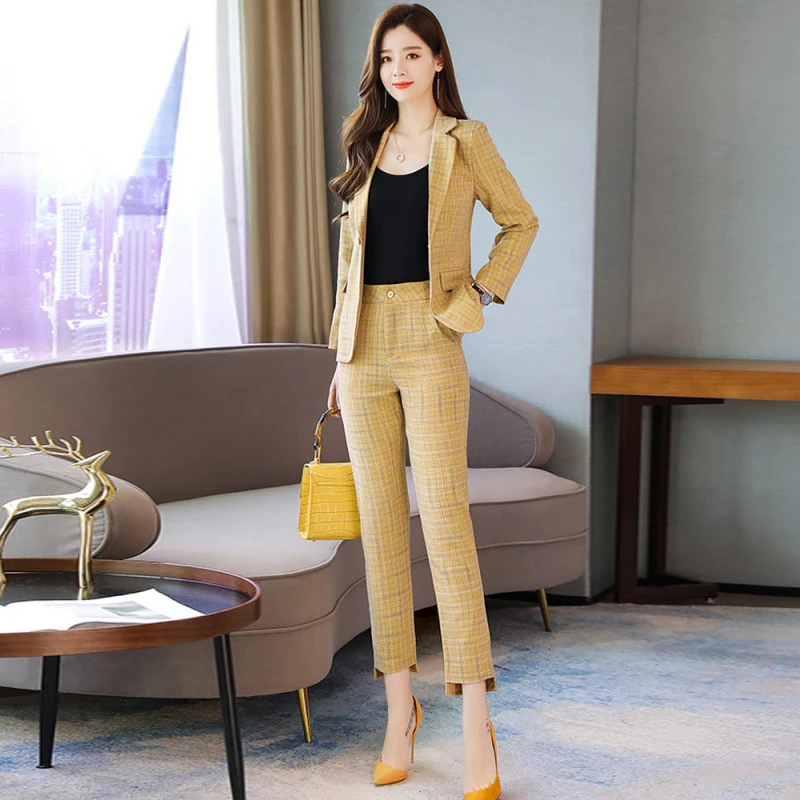 

High quality business women's suits pants suit two-piece suit Autumn new slim plaid long sleeve jacket blazer Casual pants suit