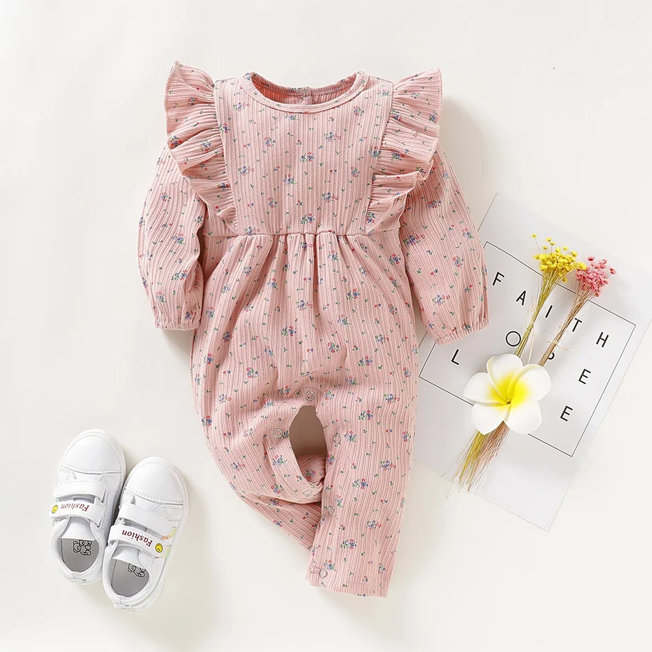 

PatPat New Arrival Autumn and Spring Baby Girl Ruffled Design Floral Allover Long-sleeve Jumpsuit Baby Girl Clothing