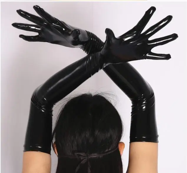 black gloves Новинка,, женское модное сексуальное платье с v-образным вырезом, сексуальное женское платье из ПВХ кожи с эффектом мокрого вида, мини-платье, металлическое облегающее Клубное платье - Цвет: black gloves