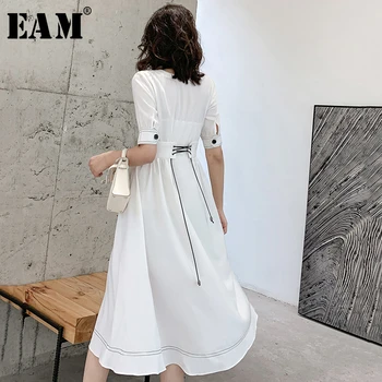 

[EAM] Women White Back Bandage Elegant Long Dress New V-Neck Half Sleeve Loose Fit Fashion Tide Spring Summer 2020 1W518
