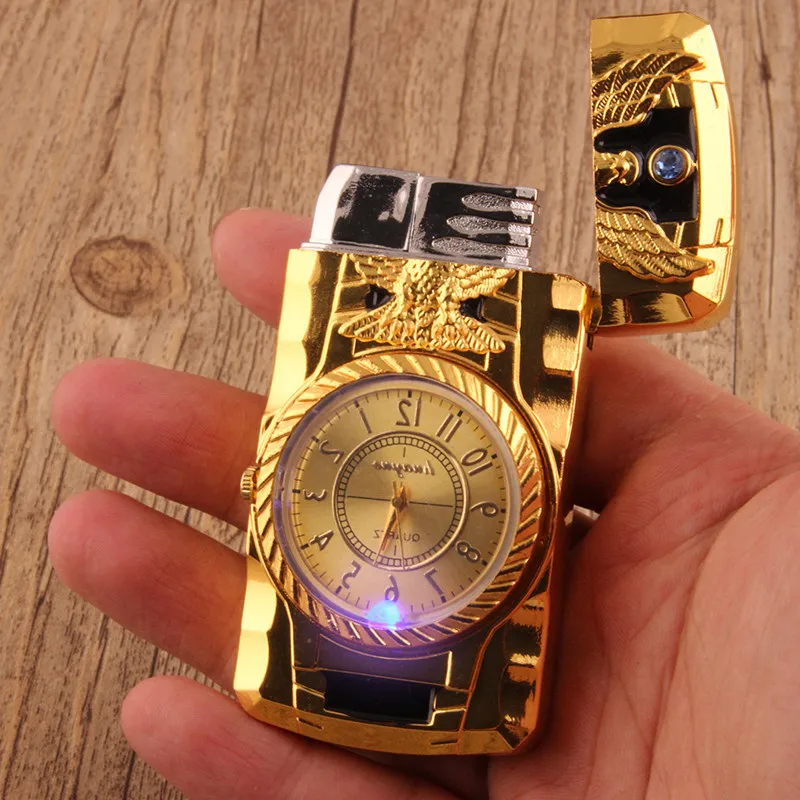 

Luxurious Gold Watch Jet Torch Lighter Turbo Butane Gas Windproof Lighter Cigar Cigarette Metal Lighter 1300 C Inflated Gasoline