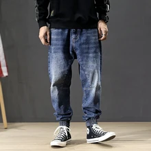 Модная уличная одежда, мужские джинсы синего цвета, размер 28-42, свободные брюки-карго, шаровары, мужские джинсы в японском стиле хип-хоп, джоггеры, мужские джинсы