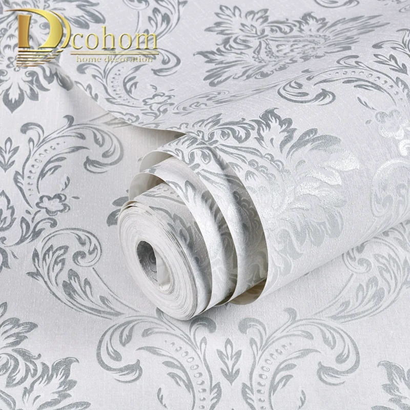 Silver Grey Luxury Modern Metallic 3D Damask non woven Wallpaper Wall