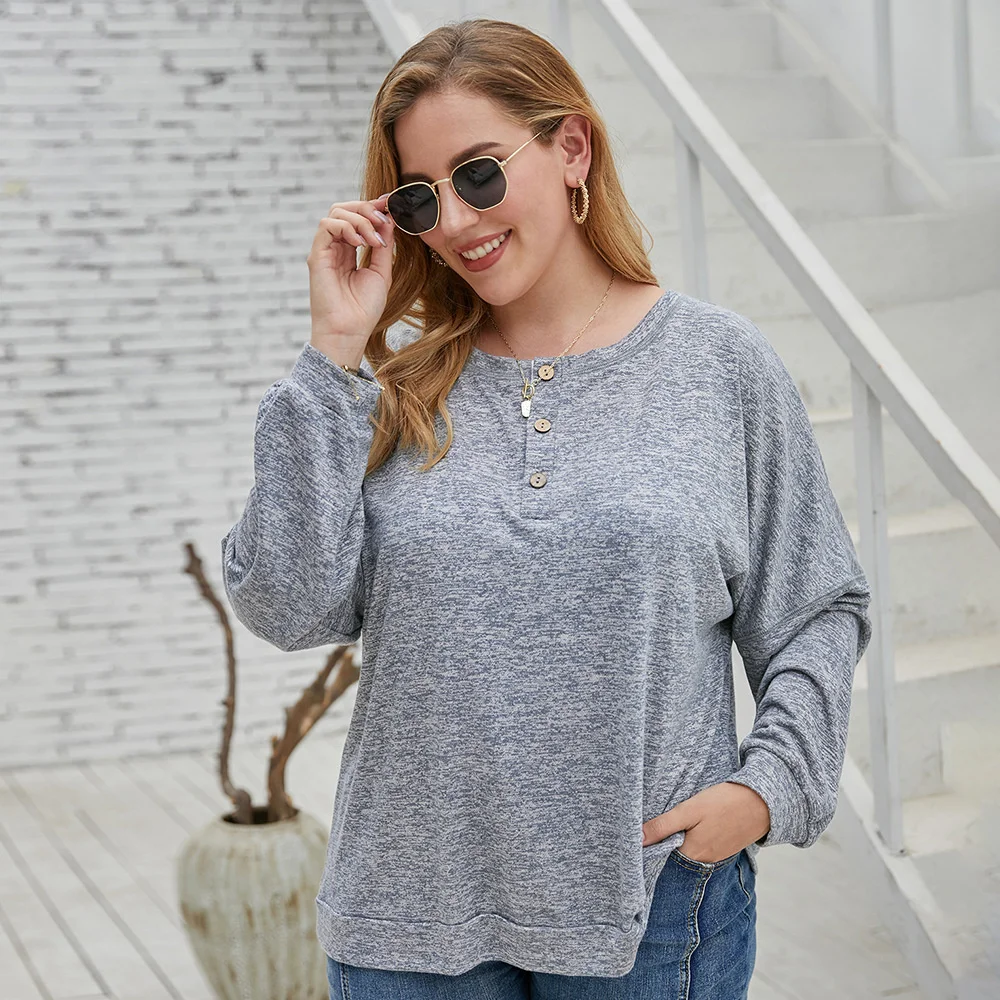 

New Women's Plus Size Autumn Simple T-shirt Casual Loose T-shirt Fashion Simple Solid Color Long-sleeved Buttons Qn*