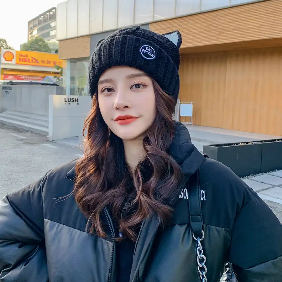 Bonnets Tricotes Avec Oreilles De Chat Pour Femme Joli Bonnet Avec Oreilles De Chat Lettres Brodees Sanitaire Coreen Nouveaute Hiver Aliexpress