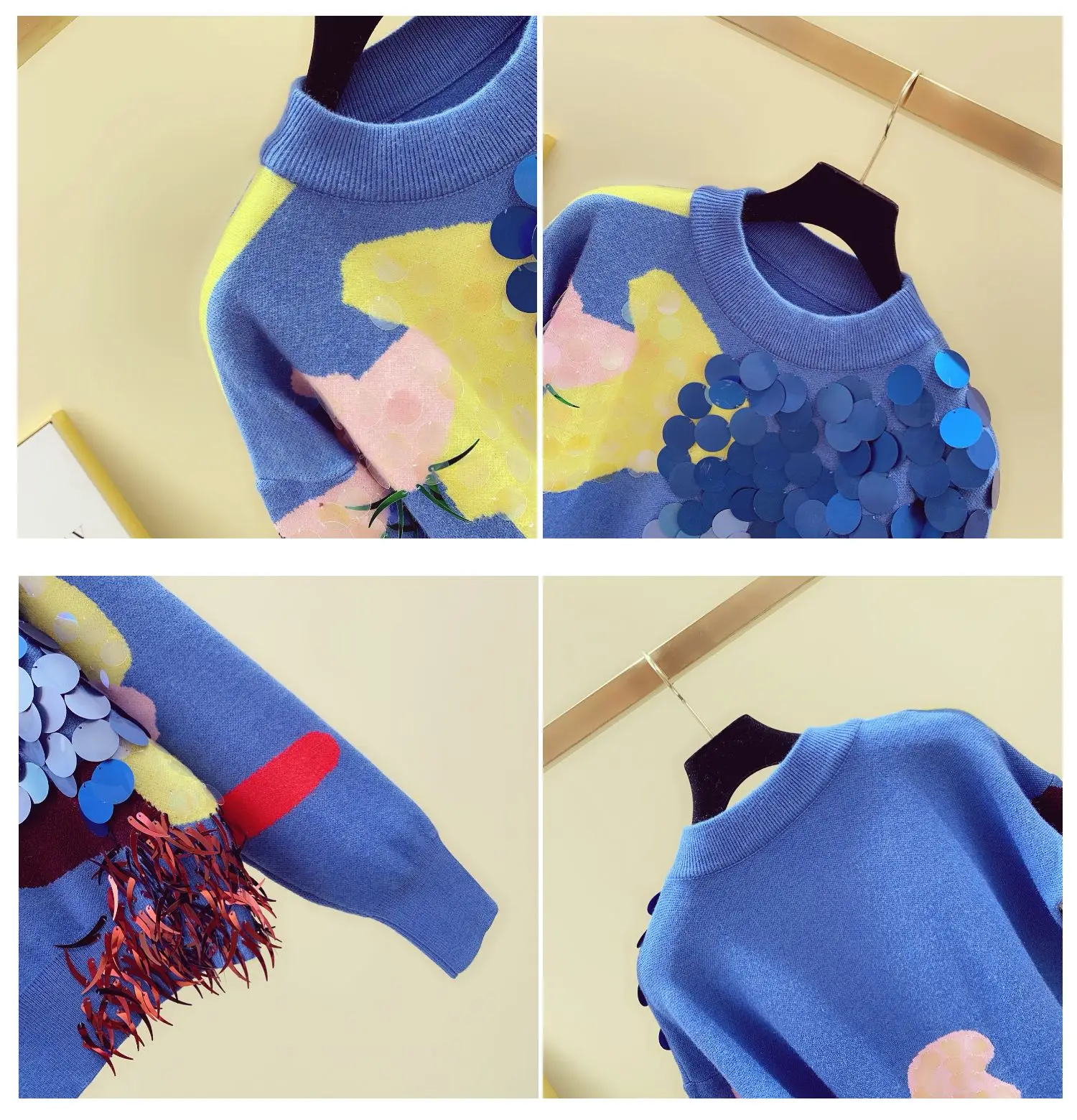 Уличная Перемычка зима длинный рукав корейский женский свитер цветная нашивка Блестки синий свитер девушка леди пуловер осень