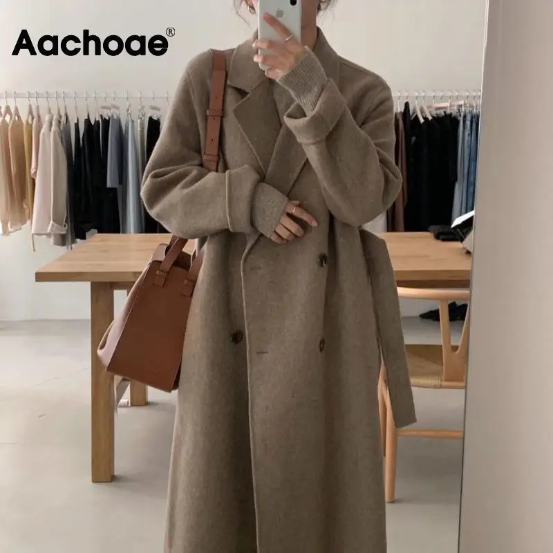 Женское шерстяное пальто Aachoae длинное двубортное офисное с поясом и длинным