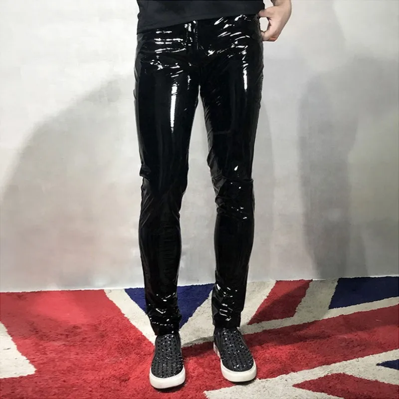 Hot Sexy Nightclub Wear Mens Bright PU Leather Trousers Spring Autumn Thin Male Skinny Black Pencil Pants Plus Size Costumes