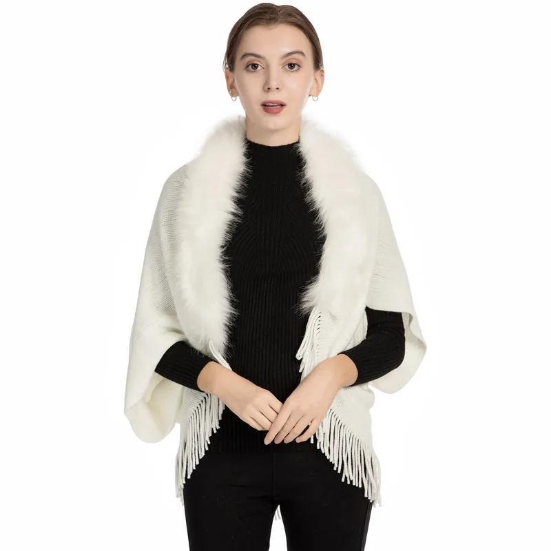 White OMEA Fur Collar Poncho Women Winter Knitted Pullover Poncho with Tassel Women Shawl Solid Color Female Ponchos and Capes Ladies - Цвет: White