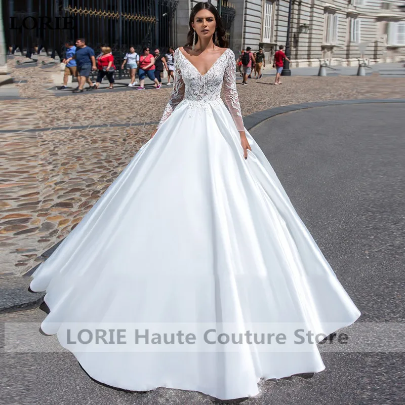 Лори принцесса свадебное платье с длинным рукавом Сексуальная V образным вырезом невесты платья с карманом Boho атласное свадебное платье Vestido de noiva
