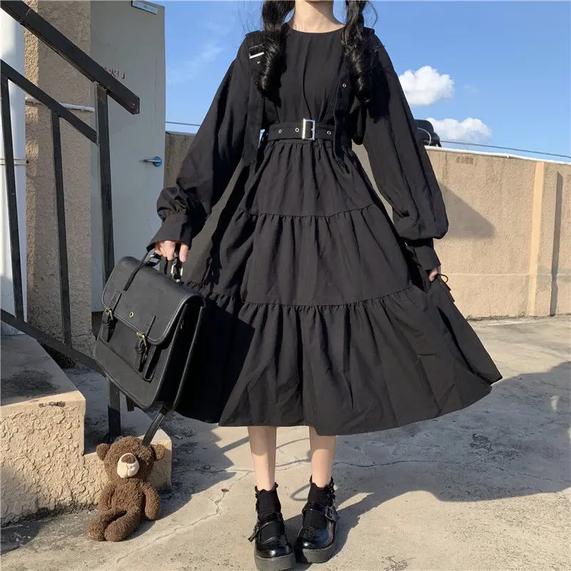 QWEEK Gothic Style Dress Women Harajuku Gothic Lolita Kawaii Dress Punk Cute Long Sleeve Black Midi Dress 2021 Emo Mall Goth