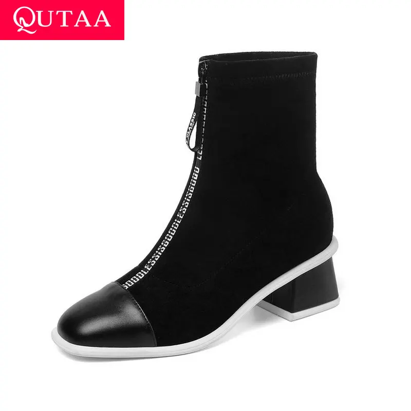 

QUTAA 2020 Winter Zipper New Autumn Pointed Toe Ankle Boots Flock Elegant Square Med Heel Riding Women Shoes Size 34-41