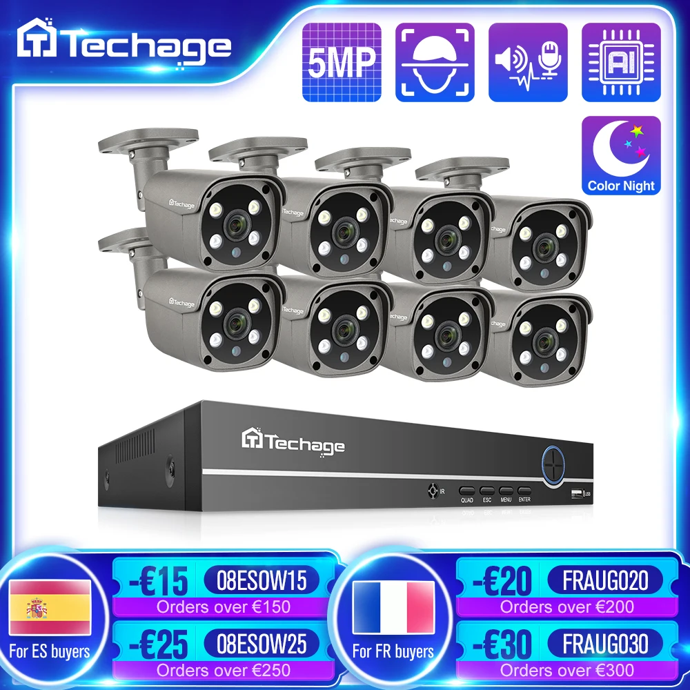 Techage Security Camera System 8CH 5MP HD POE NVR Kit CCTV Two Way Audio AI Face Detect Outdoor Video Surveillance IP Camera Set