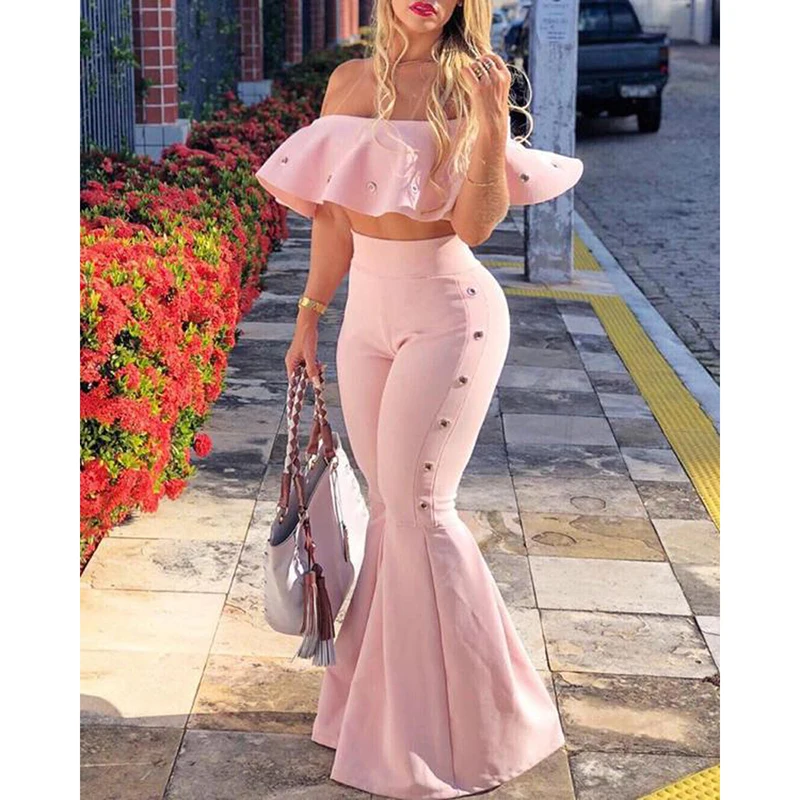 

Women two piece outfits off shoulder Ruffle crop tops and flare pants 2 piece set Summer 2019 tracksuit Club festival women set