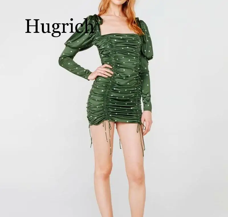 

2020 Stylish Sweet Green Polka Dot Ruched Dress Cute Women Square Collar Dresses Casual Vestidos for Girls Streetwear Outfit