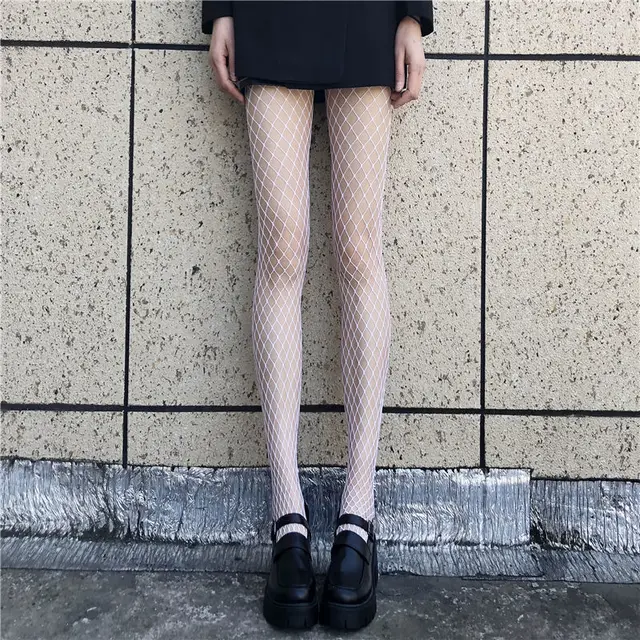 Women Anime Cosplay Lolita Girls Tights Black Sexy High Waist Fishnet Nylon Stocking Mesh Hosiery Pantyhose Lingerie Accessories medium mesh white